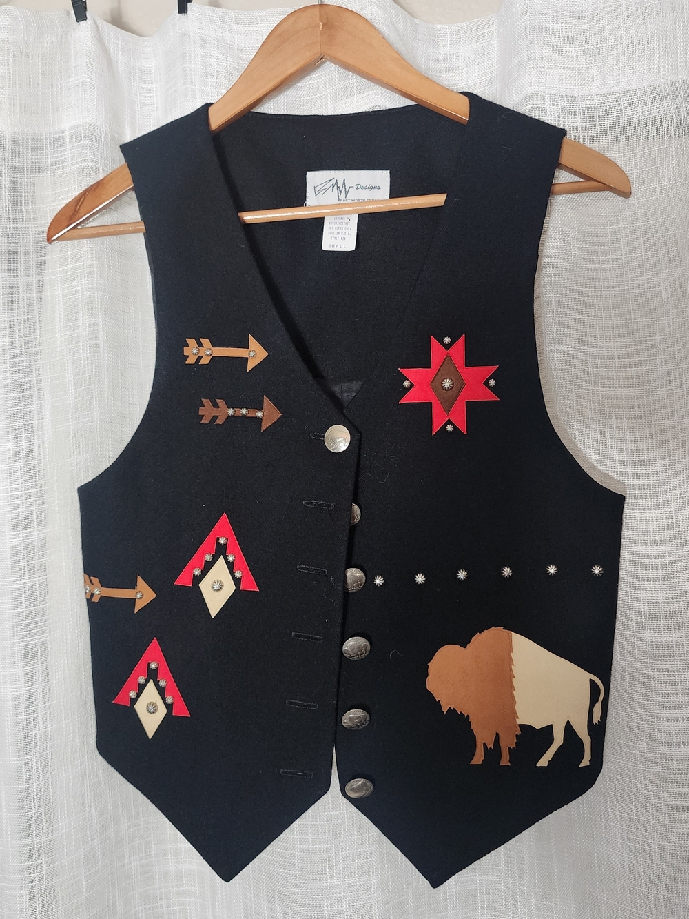 BMW Black Wool Western Embroidered Vest with Red & Tan Accents